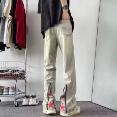 批发日系水洗<b class='q'>牛仔裤</b>男女拉链开叉微喇裤子美式复古宽松情侣直筒长裤