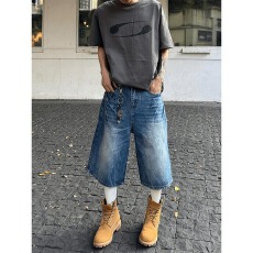 批发夏季美式新款复古男女生闪电裂纹休闲宽松潮牌直筒七分裤牛仔短裤