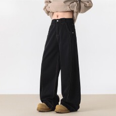 批发美式复古弯刀<b class='q'>牛仔裤</b>男女新款宽松美式直筒情侣百搭镰刀阔腿长裤子