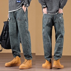 批发美式潮牌春夏宽松阔腿直筒牛仔裤男时尚复古水洗牛仔长裤子伐木裤