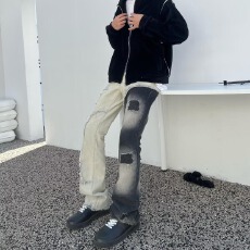 批发美式情侣春夏个性拼接牛仔裤嘻哈情侣日系男女潮高街潮流痞帅<b class='q'>长裤</b>