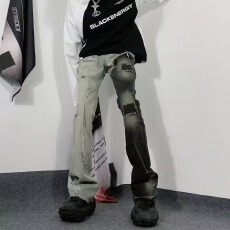 批发美式小众解构<b class='q'>裤</b>子春夏情侣<b class='q'>欧美</b>高街牛仔<b class='q'>裤</b>男女黑白拼接双色鸳鸯<b class='q'>裤</b>