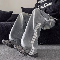 批发港风春夏新款个性男女三条杠牛仔裤嘻哈情侣潮高街潮流痞帅<b class='q'>长裤</b>子