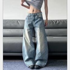 批发美式竹节纹弯刀牛仔裤男女春夏新款高腰宽松显瘦直筒情侣阔腿裤子