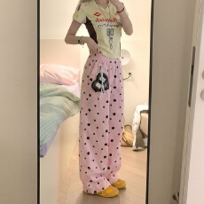 批发网红ins春夏新款美式复古波点格子休闲裤女多巴胺彩色百搭阔腿裤