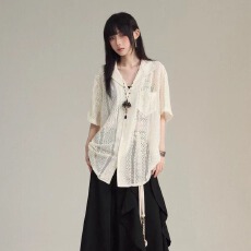 批发<b class='q'>韩国</b>chic夏季复古百搭西装领蕾丝刺绣钩花宽松百搭镂空<b class='q'>短袖</b>衬衫女