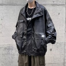 美式春秋复古翻领多口袋皮夹克男女刺绣宽松皮衣显瘦百搭情侣外套