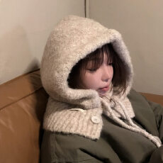 批发实价 韩国chic保暖圈圈纱粗针毛衣帽子抽绳纽扣设计百搭单品