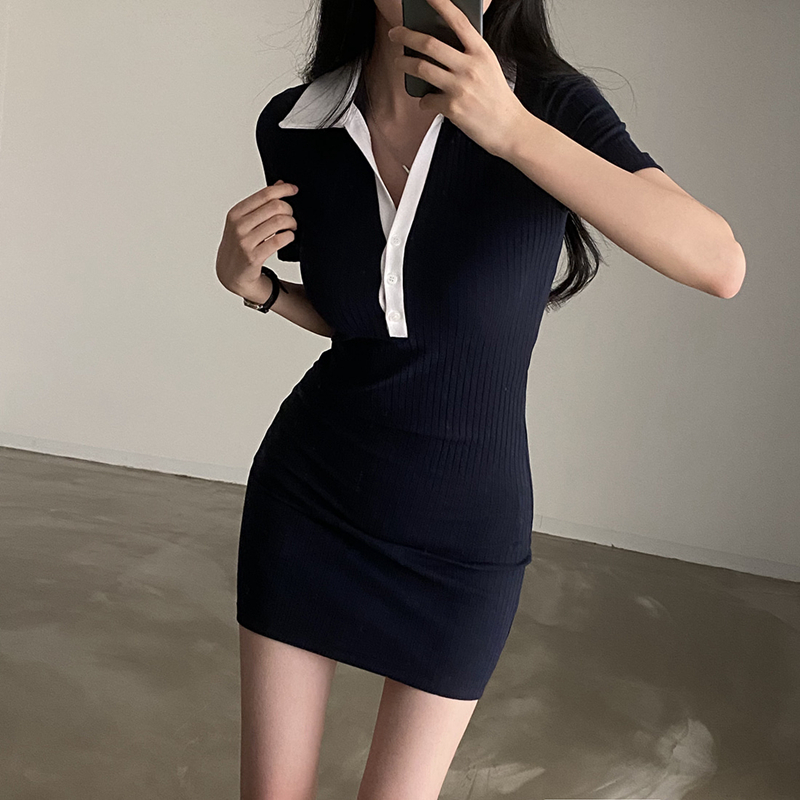 정가 한국 chic 여름 다용도 POLO 칼라 단추 니트 반팔 드레스 몸매 가꾸기 슬림해 보이는 미니 스커트 여성