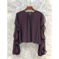 批发韩国东大门2025秋季新款紫色不规则设计感荷叶边长袖<b class='q'>衬衫</b>