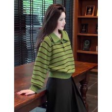 批发polo翻领绿色条纹套头毛衣女秋冬宽松爆款外套加厚打底针织衫短款