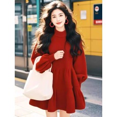 批发新年红色连衣裙女半高领灯笼袖蓬蓬a字短裙女装2025秋季新款裙子