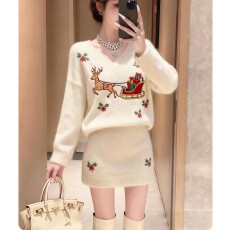 批发2025新款韩系慵懒风圣诞麋鹿刺绣毛衣套装女秋冬大码针织两件套
