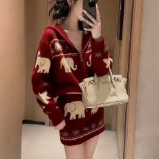 批发慵懒风红色针织提花套装女2025新款秋冬减龄穿搭上衣半身裙两件套