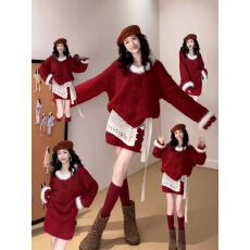 批发韩系秋冬穿搭套装慵懒风立体花朵毛领针织毛衣高腰半身裙两件套女