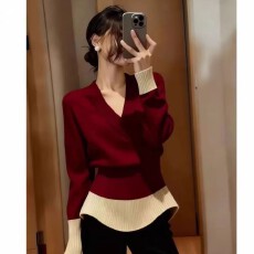 韩系高级感撞色拼接v领毛衣女秋冬设计感收腰显瘦内搭打底针织衫