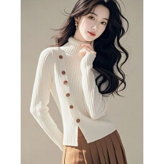 批发高级感绝美白色高领小开叉长袖毛衣针织衫女秋冬款超好看轻奢小衫