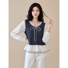 批发2026开春季<b class='q'>假两件</b>拼接<b class='q'>衬衫</b>高级感立领刺绣蝴蝶结系带撞色长袖上衣