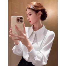 批发独特超好看的<b class='q'>白色</b>钉珠条纹<b class='q'>衬衫女</b>2026早春新款气质叠穿打底衫上衣