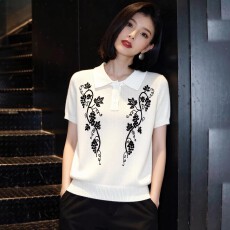 批发2026夏季新款时尚刺绣拼色polo领<b class='q'>针织衫</b><b class='q'>女</b>短袖显瘦百搭气质上衣潮