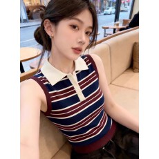 批发复古撞色条纹Polo领背心<b class='q'>女</b>2026早春新款巨好看百搭针织打底衫上衣