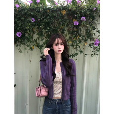 批发韩系超火紫色套装女2026新款早春修身显瘦针织开衫叠穿背心两件套