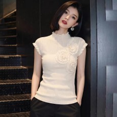 2026新款韩系夏季高级感立体花朵针织背心短袖女白色立领气质上衣