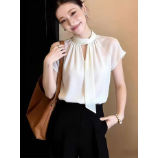 批发法式轻熟优雅风白色飘带衬衫女夏季<b class='q'>新款</b>短袖通勤百搭显瘦气质上衣
