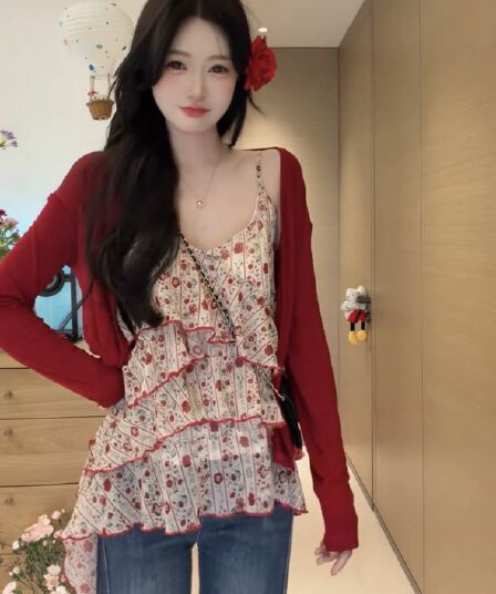 한 부서 레트로 불규칙 프릴 꽃무늬 슬립 새로운 빨간색 오픈 가디건 여성 휴가 바람 착용 가져 가라. 투피스 세트