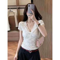 批发法式扭结重工蕾丝V领短袖T恤女夏季新款修身显瘦减龄打底衫上衣潮