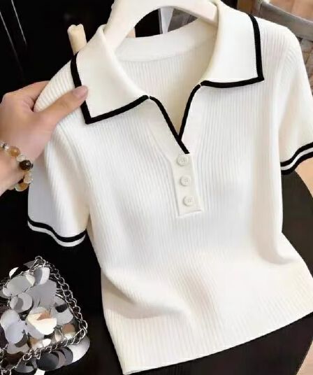 화이트 POLO 칼라 니트 반팔 여성 2026 새로운 여름 배색 구덩이 기사 슬림해 보이는 품격 다용도 쇼트 스타일 맨위