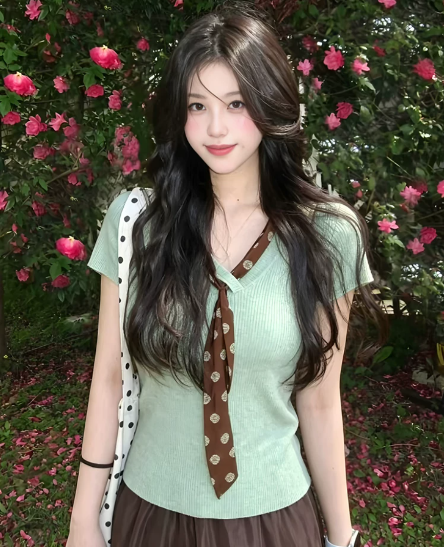한 부서 녹색 V넥 리본 반팔 맨위 여자 여름 고급 센스 몸매 가꾸기 슬림해 보이는 쇼트 스타일 니트 스웨터