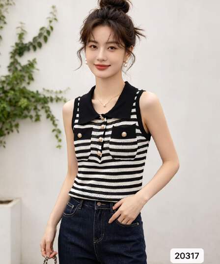 여름 새로운 패션 작은 샤넬 스타일 폴로 칼라 하프 열린 가슴 주머니 디자인 풀오버 조끼 다용도 맨위 여성