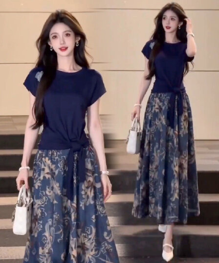 패션 세트 드레스 여성 2026 여름 새로운 외국 가스 반팔 레이스업 맨위 청화 백자 반신 스커트 두 조각 치마