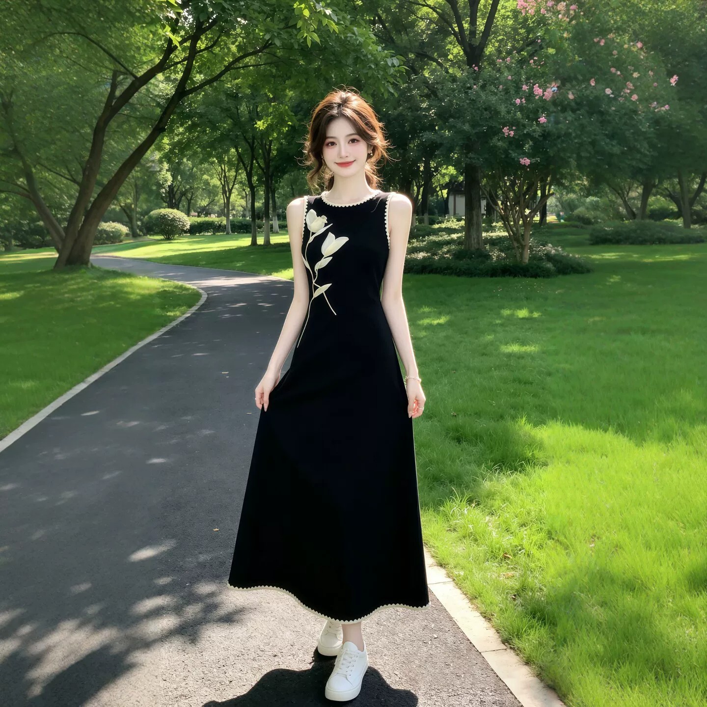 새로운 중식 국풍 검정색 민소매 여성 드레스 2026 년 여름 새로운 슬림해 보이는 꽃 롱 스커트 품격 치마