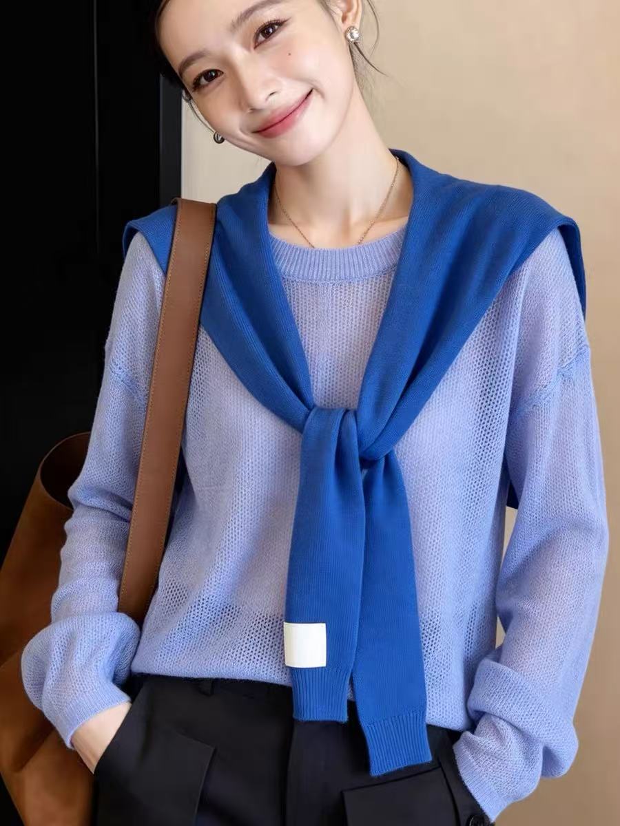 작은 대중 슈퍼 잘 생긴 홀로우 아웃 얇고 가벼운 태양 보호 셔츠 여름 패션 디스플레이 화이트 긴팔 니트 스웨터 숄 아름다운 작은 셔츠 여성