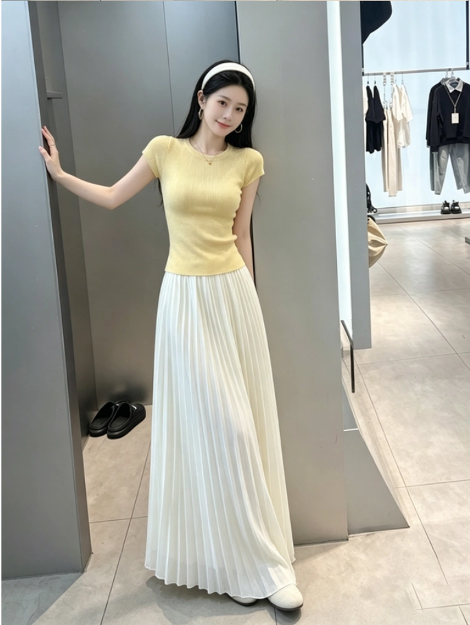 초여름 관대 한 점잖은 착용 가져 가라. 전체 집합 플리츠 반신 스커트 도파민 니트 작은 맨위 투피스 슈트 치마