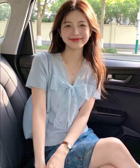 도파민 레이스 나비 매듭 V넥 니트 맨위 여성 여름 작은 키 달콤한 매운맛 허리 수축 슬림해 보이는 반팔 티셔츠 얇은