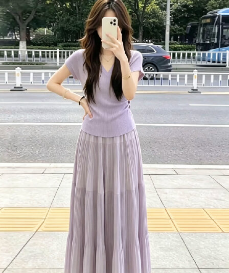 한 부서 그레이트 통해보기 가져 가라. 전체 집합 2026 새로운 보라색 니트 맨위 반신 스커트 부드러운 순수한 욕망 바람 세트