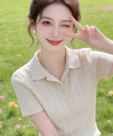 한 부서 부드러운 바람 POLO 칼라 니트 반팔 티셔츠 여성 여름 디자인 센스 세로 줄무늬 몸매 가꾸기 슬림해 보이는 짧은 맨위