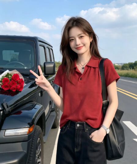 빨간색 폴로 칼라 니트 스웨터 여성 여름 몸매 가꾸기 슬림해 보이는 얼음 실크 얇은 스타일 긍정적 인 어깨 반팔 POLO 셔츠 티셔츠 맨위