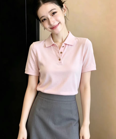 핑크색 폴로 칼라 얼음 실크 반팔 티셔츠 여자 2026 새로운 여름 몸매 가꾸기 슬림해 보이는 다용도 품격 니트 맨위