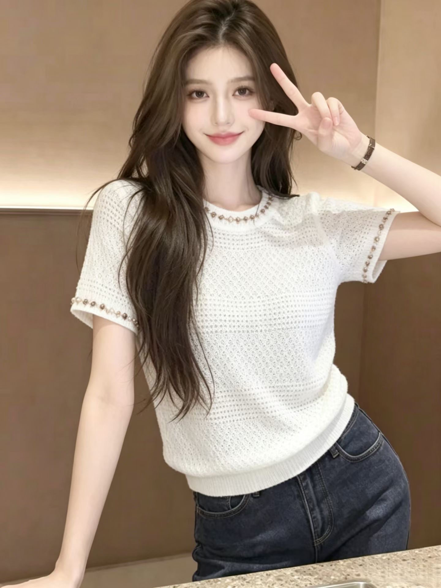 달빛 보물 상자 여름 단색 홀로우 아웃 색상 비즈 박기 반팔 니트 맨위
