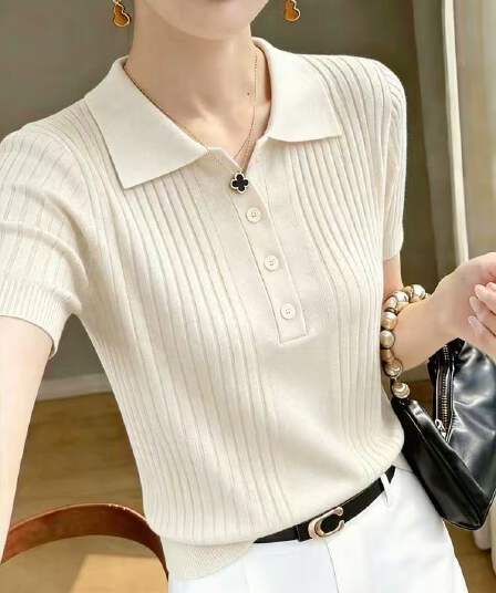 여름 새로운 POLO 칼라 니트 반팔 티셔츠 품격 슬림해 보이는 오래된 돈 바람 니트 스웨터 기본 셔츠