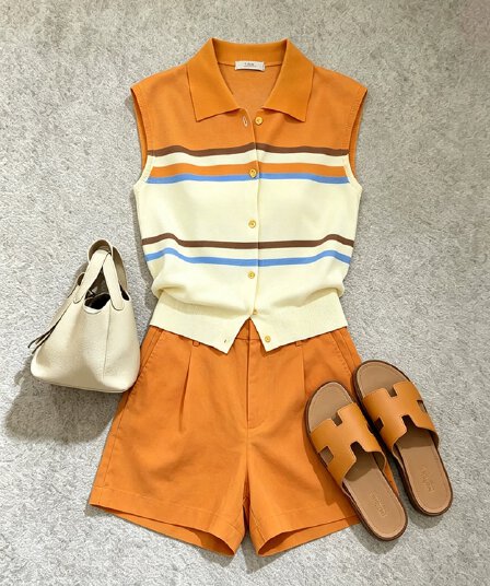 한 부서 전체 집합 ootd 착용 가져 가라. 관대 한 점잖은 고급 센스 연령 감소 주황색 배색 민소매 맨위 반바지 세트