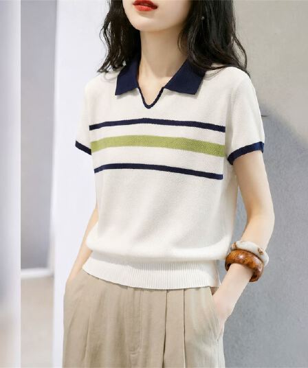 베이지 색 스트라이프 몸매 가꾸기 POLO 칼라 반팔 티셔츠 여성 2026 여름 얼음 차가운 실크