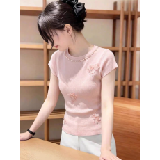 批发休闲钉珠圆领掐腰轻薄t恤女2026夏季新款修身短袖小衫<b class='q'>贝壳</b>风上衣