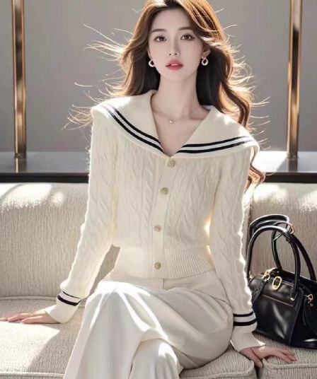 프랑스식 고급 센스 아름다운 화이트 해군 칼라 긴팔 니트 오픈 가디건 여성 가을과 겨울 다용도 출퇴근 부드러운 찹쌀 작은 셔츠