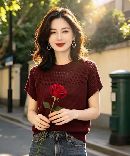 폭발 얼음 실크 패션 와인 레드 라운드 넥 홀로우 아웃 니트 스웨터 여성 2026 여름 새로운 연령 감소 다용도 맨위