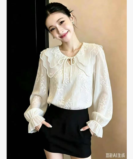 프랑스식 부드러운 바람 베이비 칼라 긴팔 자수 여성 셔츠 2026 년 가을 새로운 레이스업 슬림해 보이는 맨위